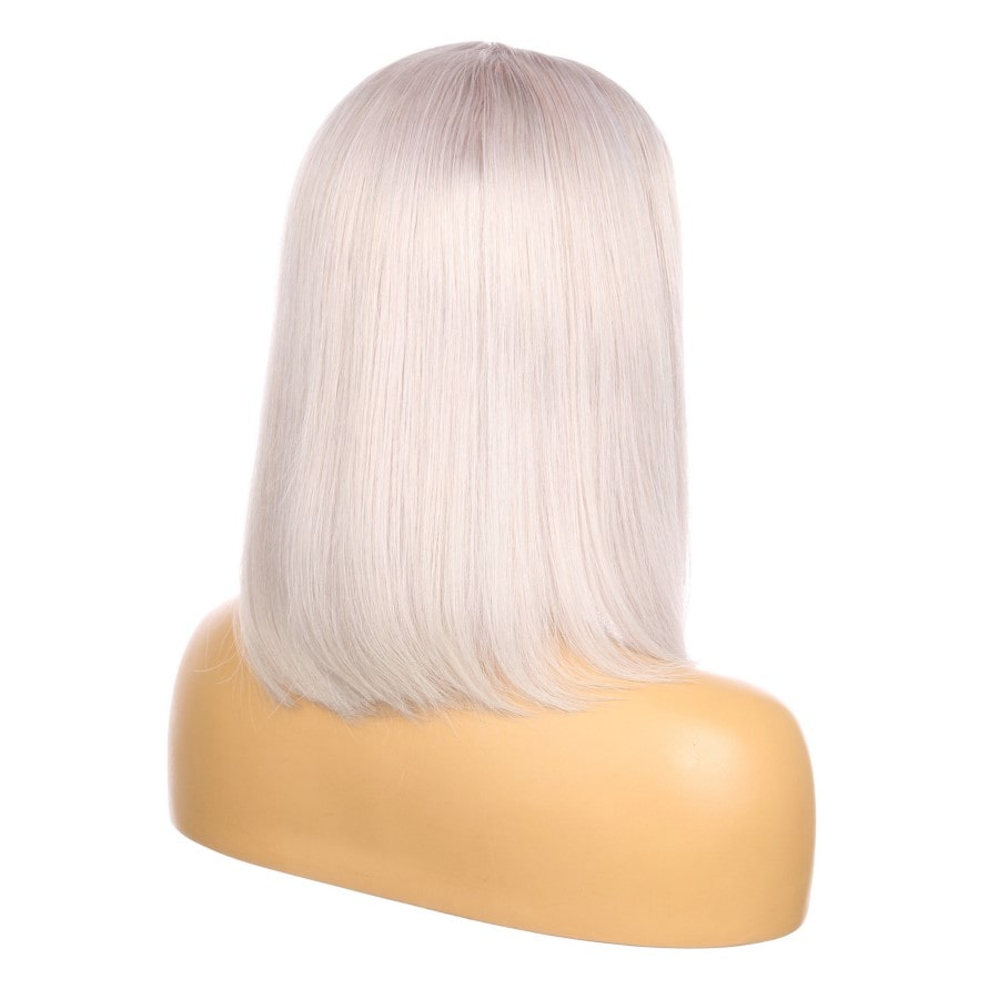 16" White Gray Remy Human Hair Short Wig 16inch, Square Cut Bob