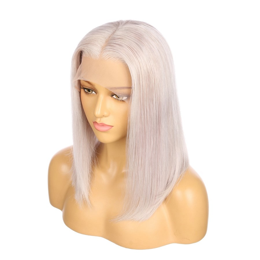 16" White Gray Remy Human Hair Short Wig 16inch, Square Cut Bob