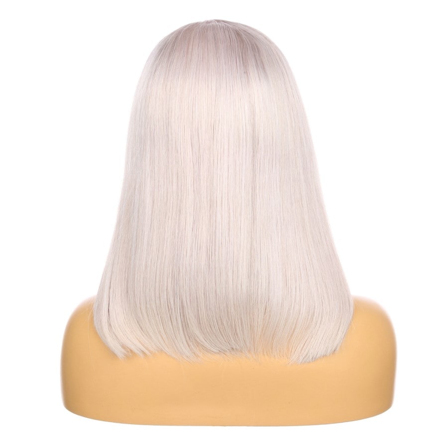 16" White Gray Remy Human Hair Short Wig 16inch, Square Cut Bob