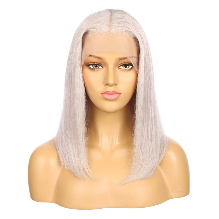 16" White Gray Remy Human Hair Short Wig 16inch, Square Cut Bob