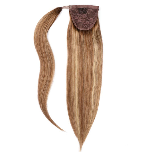 Extensions de cheveux queue de cheval à balayage marron châtain - 100 % vrais cheveux humains Remy