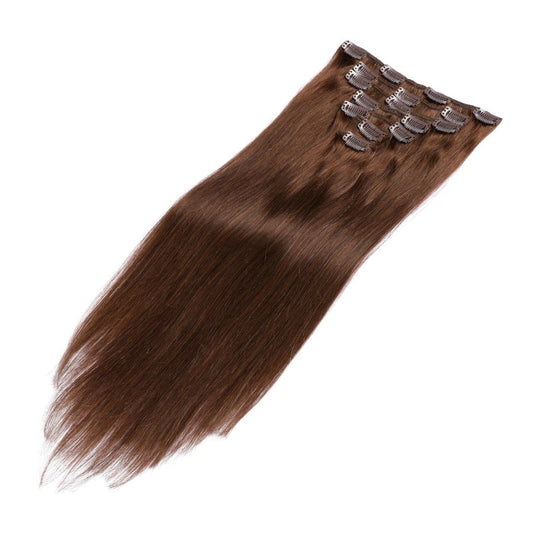 Extensions à clips sans couture marron chocolat - 100 % vrais cheveux humains Remy