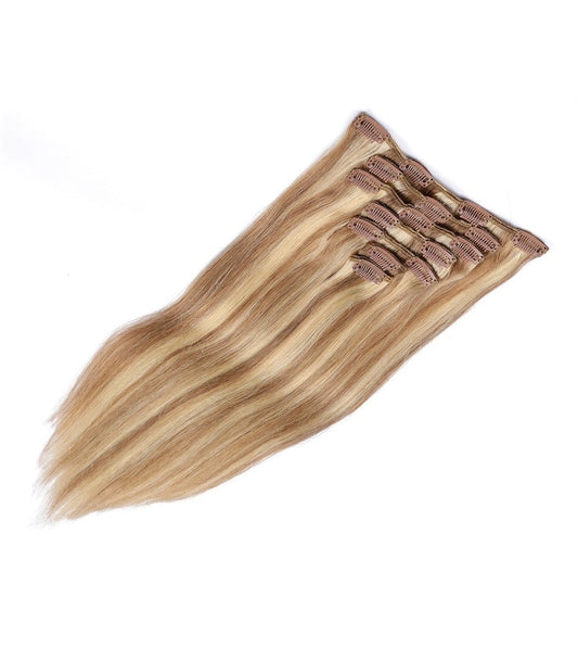 Extensions à clips sans couture brun miel et blond cendré - 100 % vrais cheveux humains Remy