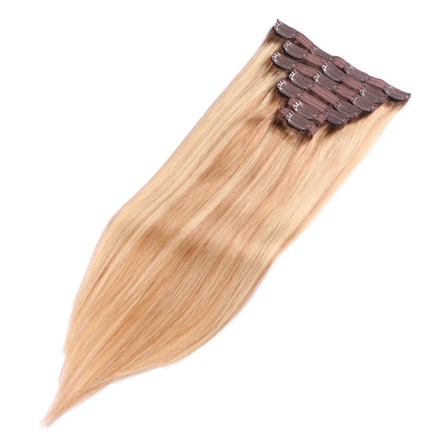 Extensions à clips sans couture avec reflets blond miel enracinés - 100 % vrais cheveux humains Remy