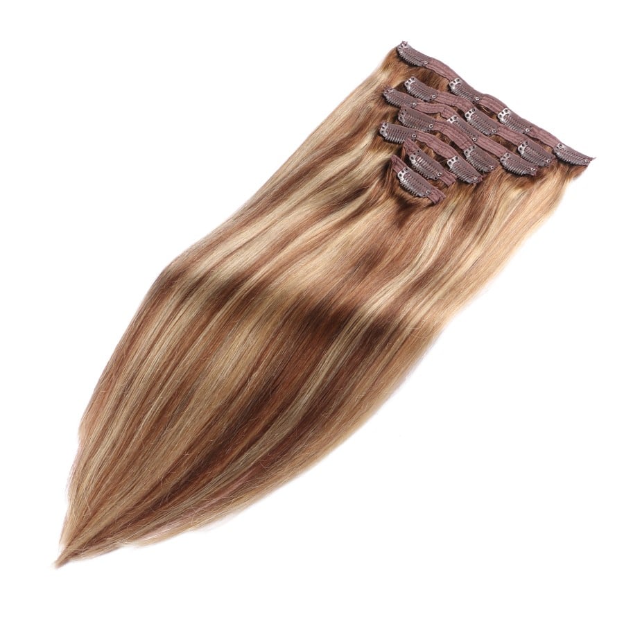 Extensions à clips sans couture avec balayage châtain - 100 % vrais cheveux humains Remy