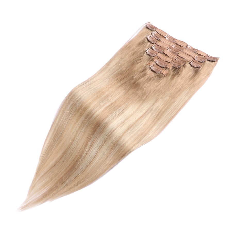 Extensions à clips sans couture avec balayage blond foncé - 100 % vrais cheveux humains Remy