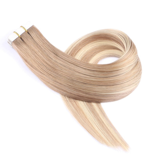 Extensions invisibles à ruban adhésif Balayage blond foncé, 20 trames, 45 grammes, 100 % vrais cheveux humains Remy