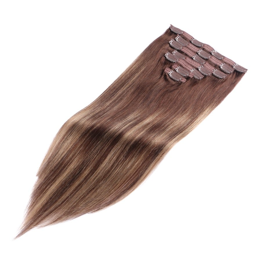Extensions à clips sans couture avec balayage marron foncé - 100 % vrais cheveux humains Remy