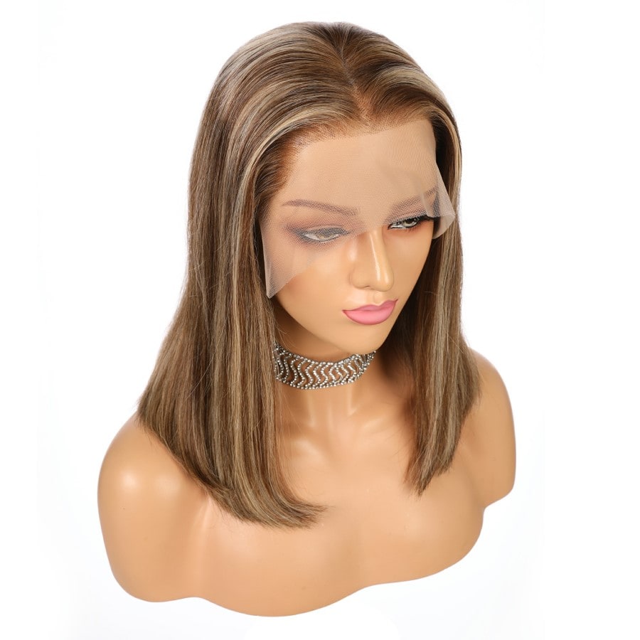 14" #4t/4/27-bobo - Short Color #4t/4/27 Remy Human Hair Wig 14 inches Brown / Strawberry Blonde highlighted