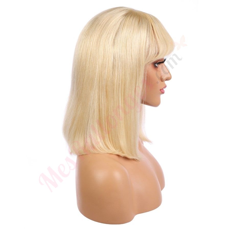 Lillian - Peluca de cabello humano Remy rubio corto de 14 pulgadas, estilo bob con flequillo