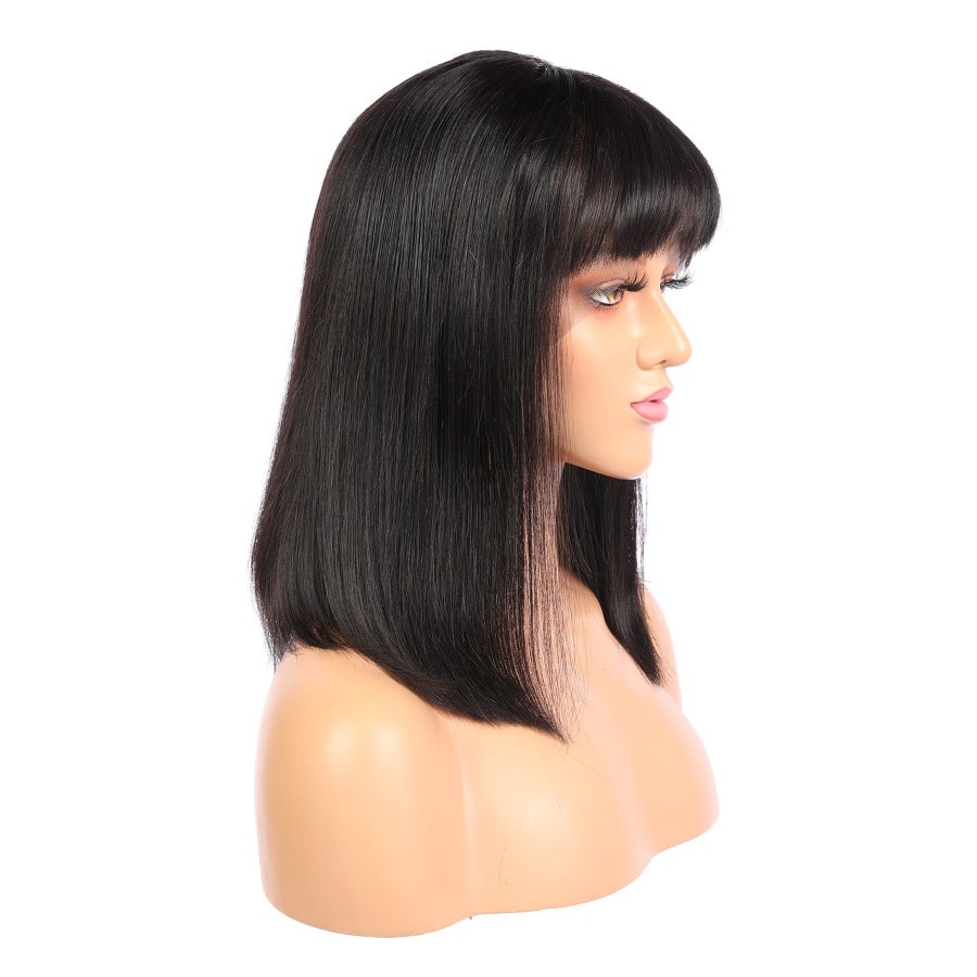 Aria - Peluca de cabello humano Remy negro corto de 14 pulgadas, estilo bob con flequillo