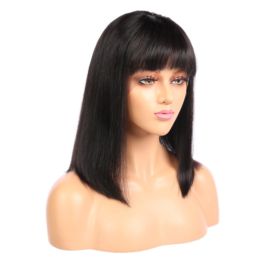 Aria - Peluca de cabello humano Remy negro corto de 14 pulgadas, estilo bob con flequillo