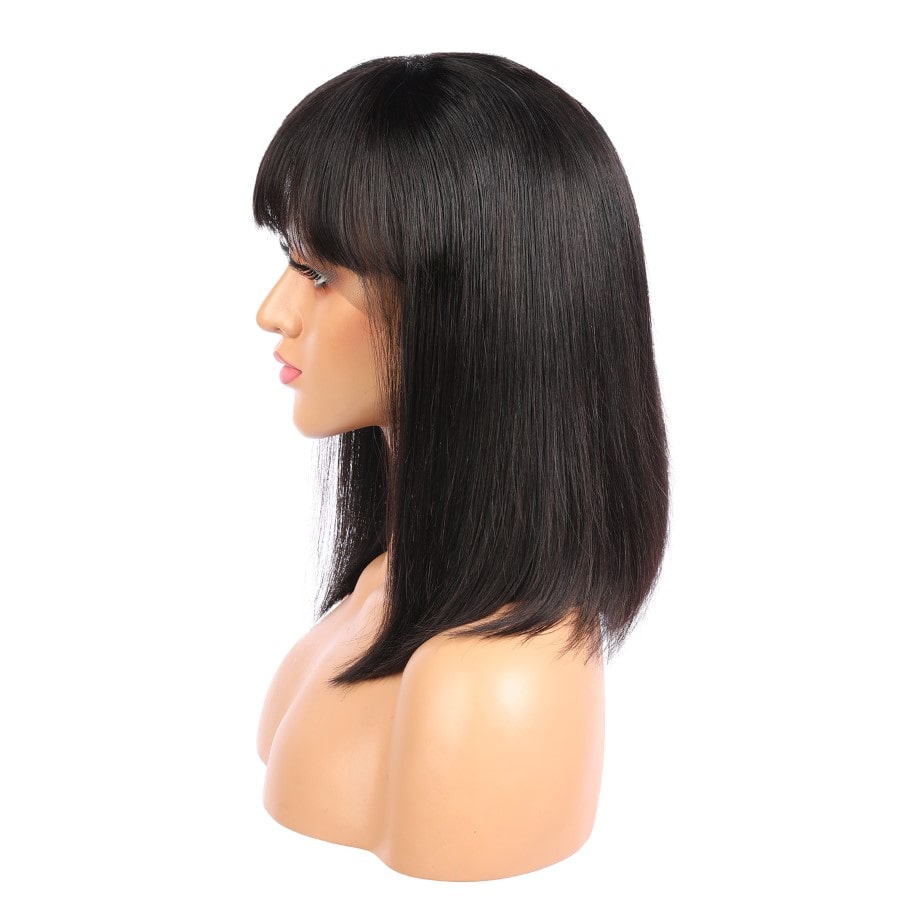 Aria - Peluca de cabello humano Remy negro corto de 14 pulgadas, estilo bob con flequillo