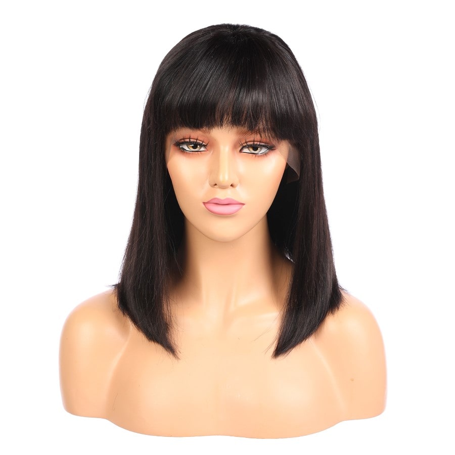 Aria - Peluca de cabello humano Remy negro corto de 14 pulgadas, estilo bob con flequillo