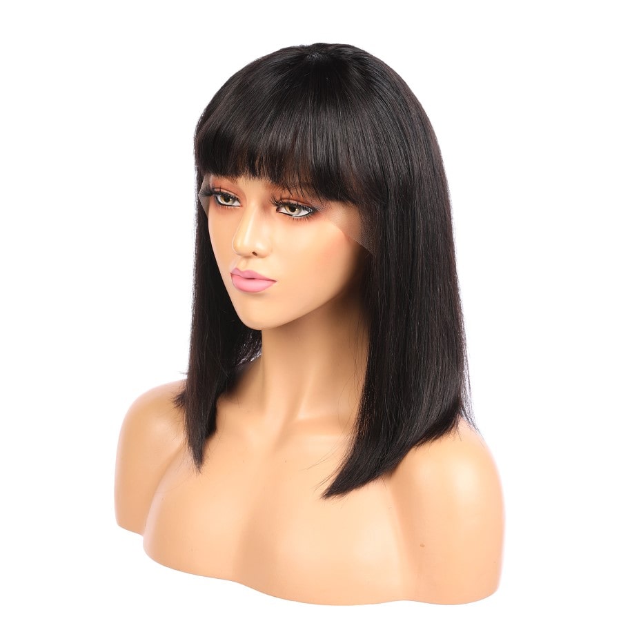 Aria - Peluca de cabello humano Remy negro corto de 14 pulgadas, estilo bob con flequillo