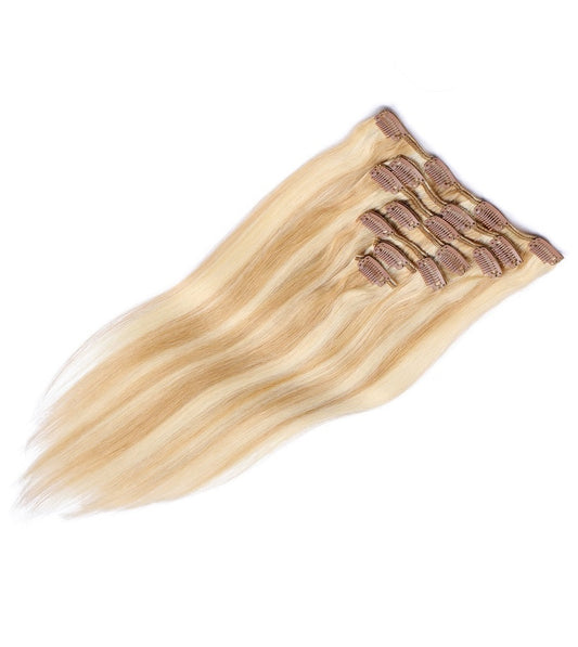 Extensions à clips sans couture blond fraise et blond décoloré - 100 % vrais cheveux humains Remy