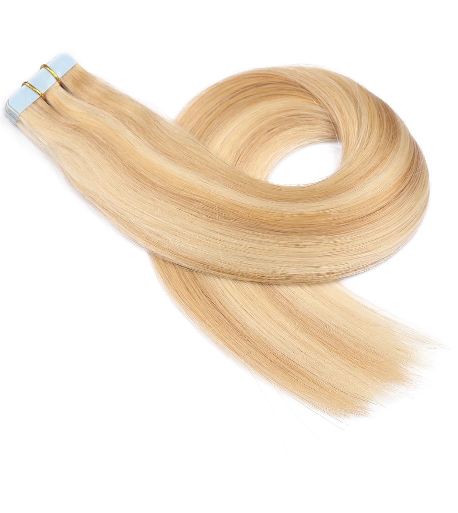 Extensions invisibles à bande adhésive à reflets blond fraise et blond décoloré, 20 trames, 45 grammes, 100 % vrais cheveux humains Remy