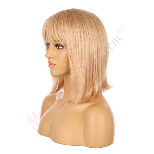 Perruque courte blonde fraise et blonde décolorée de 10 pouces, cheveux humains Remy avec bang # 11-1
