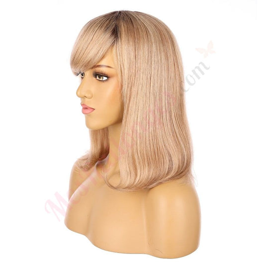 Perruque courte beige et blond miel de 14 pouces, cheveux humains Remy de 14 pouces avec frange # 11-2-14 pouces