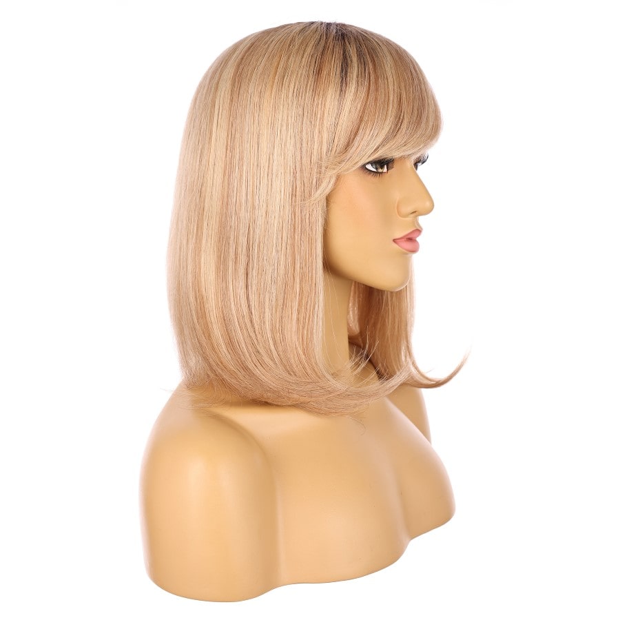 Perruque courte beige et blond miel de 14 pouces, cheveux humains Remy de 14 pouces avec frange # 11-2-14 pouces