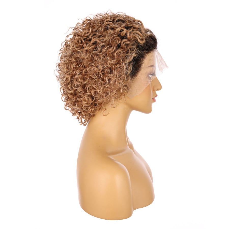 12" Rooted Honey Brown Short Wig 12 inch Remy Human Hair # big-flower-CURL-12inch