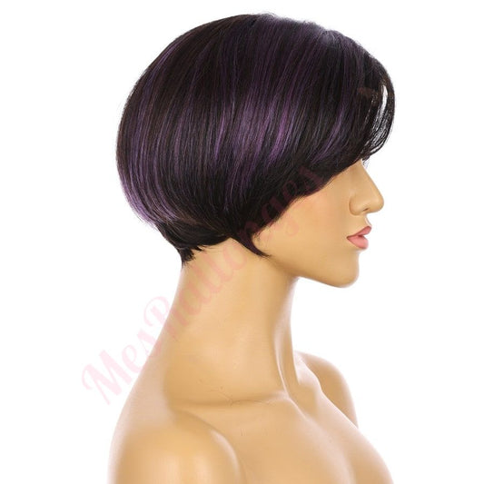 10" Black Brown & Purple Highlights Short Wig 10 inch Remy Human Hair # TD-Z082-1b-purple