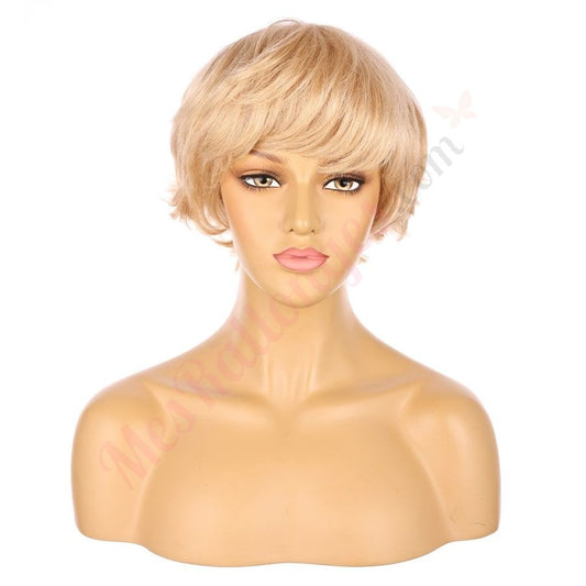 Perruque courte blonde claire de 10 pouces, cheveux humains Remy de 10 pouces avec frange # 4-1
