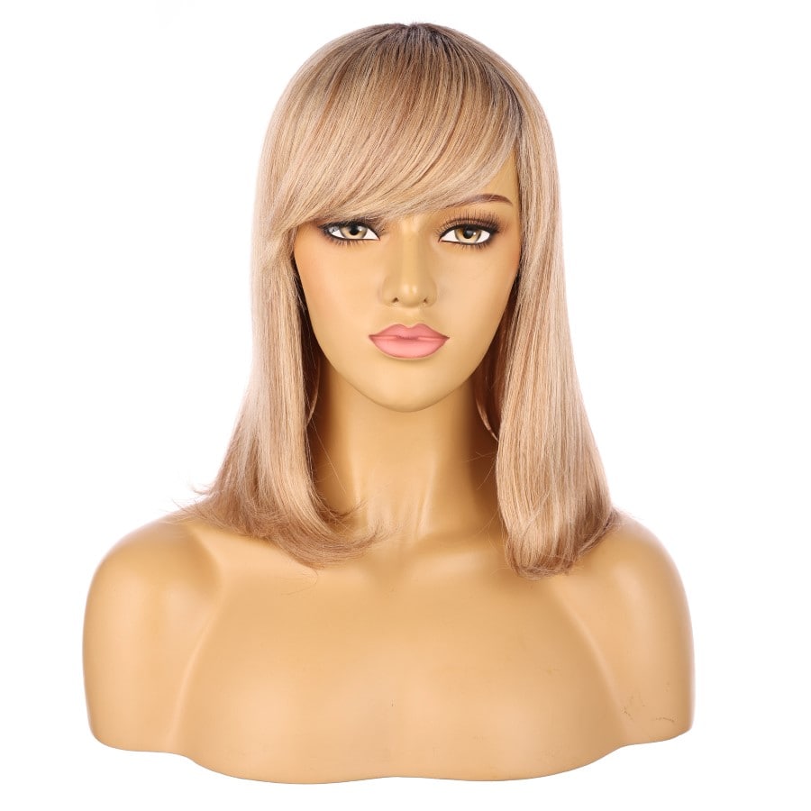 Perruque courte beige et blond miel de 14 pouces, cheveux humains Remy de 14 pouces avec frange # 11-2-14 pouces