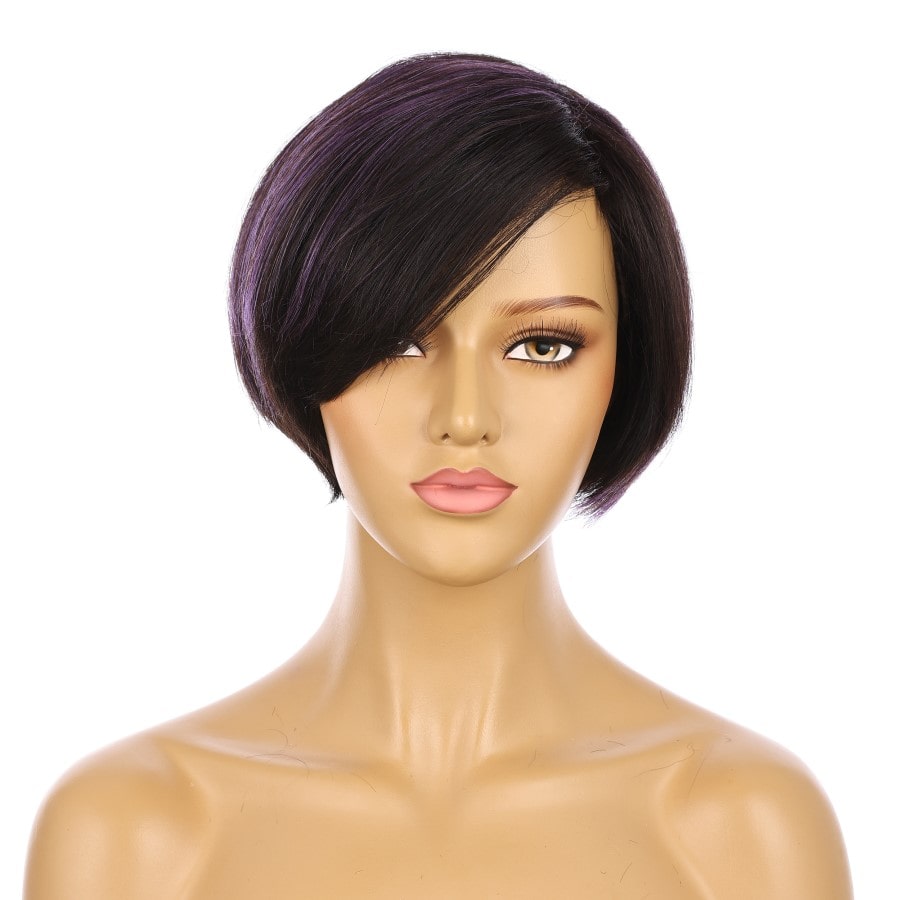 10" Black Brown & Purple Highlights Short Wig 10 inch Remy Human Hair # TD-Z082-1b-purple