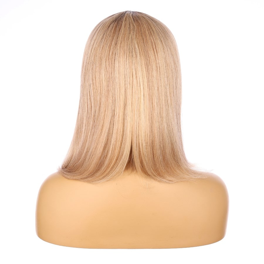 Perruque courte beige et blond miel de 14 pouces, cheveux humains Remy de 14 pouces avec frange # 11-2-14 pouces