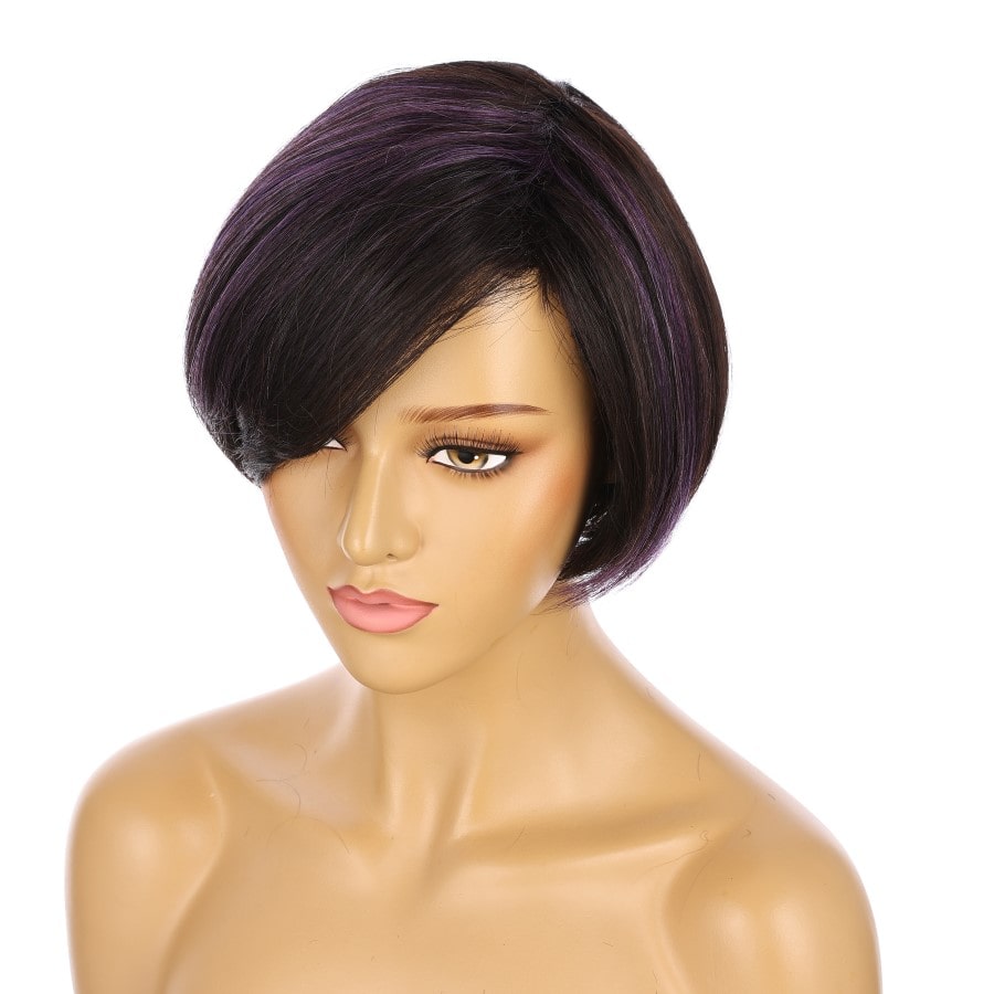 10" Black Brown & Purple Highlights Short Wig 10 inch Remy Human Hair # TD-Z082-1b-purple