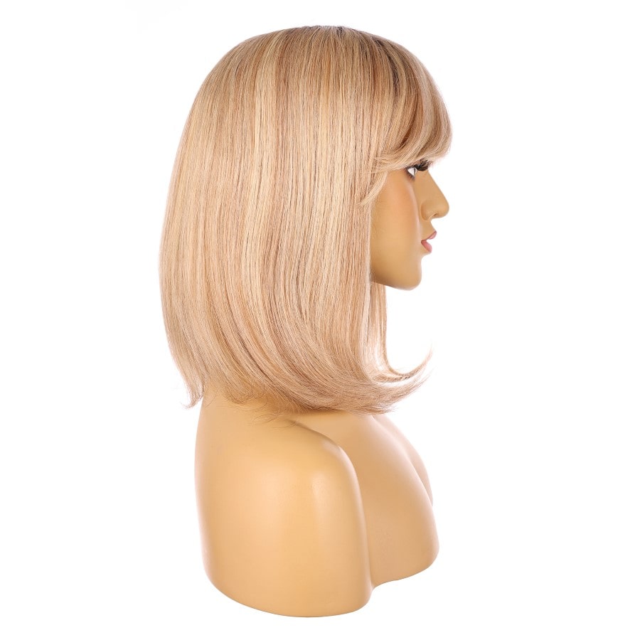 Perruque courte beige et blond miel de 14 pouces, cheveux humains Remy de 14 pouces avec frange # 11-2-14 pouces