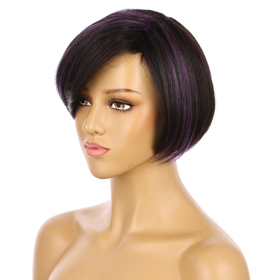 Peluca corta de 10" con reflejos negros, castaños y morados, cabello humano Remy de 10 pulgadas, n.° TD-Z082-1b-purple