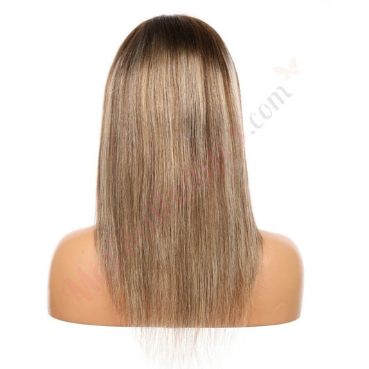 12" 4T 4/24 - Perruque de cheveux humains Remy couleur courte #4T 4/24 12 pouces marron/blond cendré